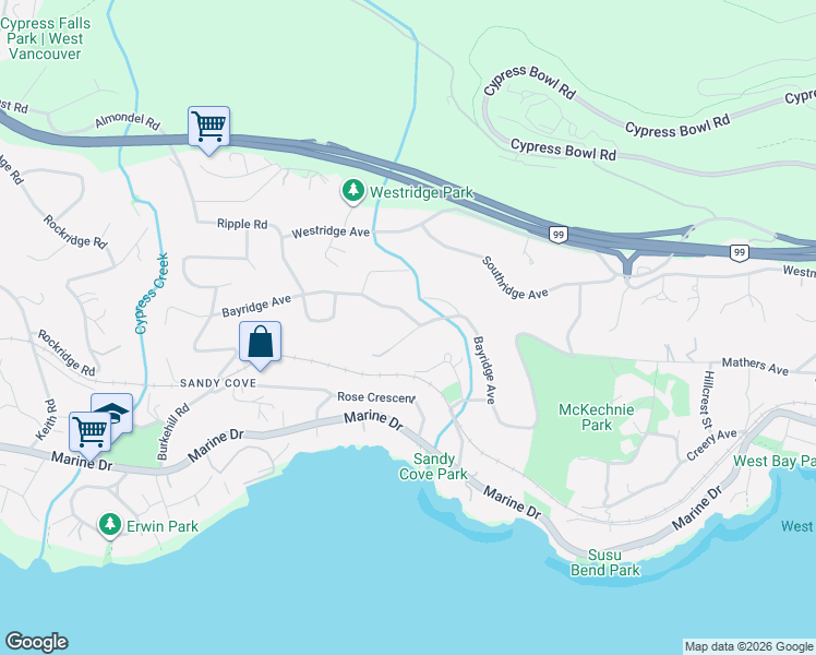 map of restaurants, bars, coffee shops, grocery stores, and more near 3980 Bayridge Avenue in West Vancouver