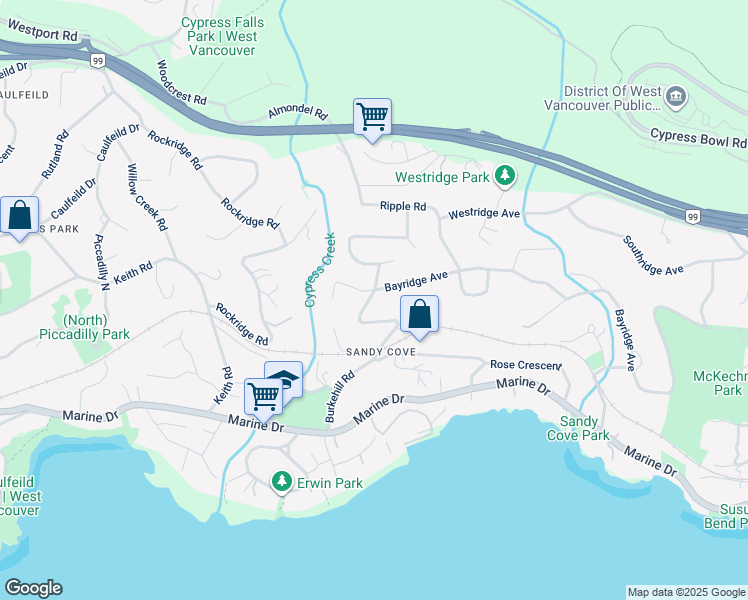 map of restaurants, bars, coffee shops, grocery stores, and more near 4111 Burkehill Road in West Vancouver