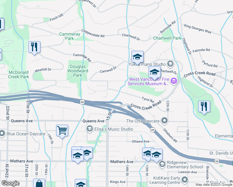 map of restaurants, bars, coffee shops, grocery stores, and more near 1460 Tyrol Road in West Vancouver