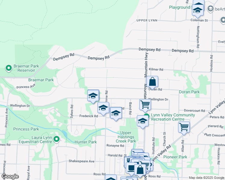 map of restaurants, bars, coffee shops, grocery stores, and more near 1133 Doran Road in North Vancouver