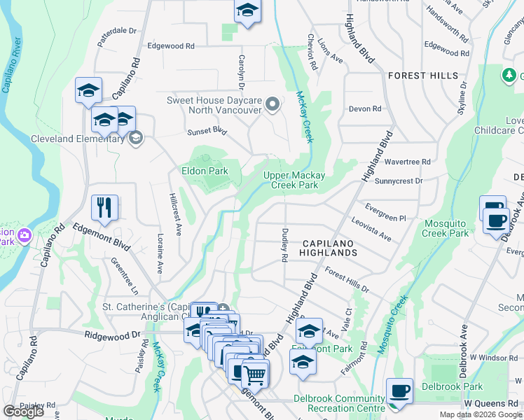 map of restaurants, bars, coffee shops, grocery stores, and more near 3837 Sunnycrest Drive in North Vancouver