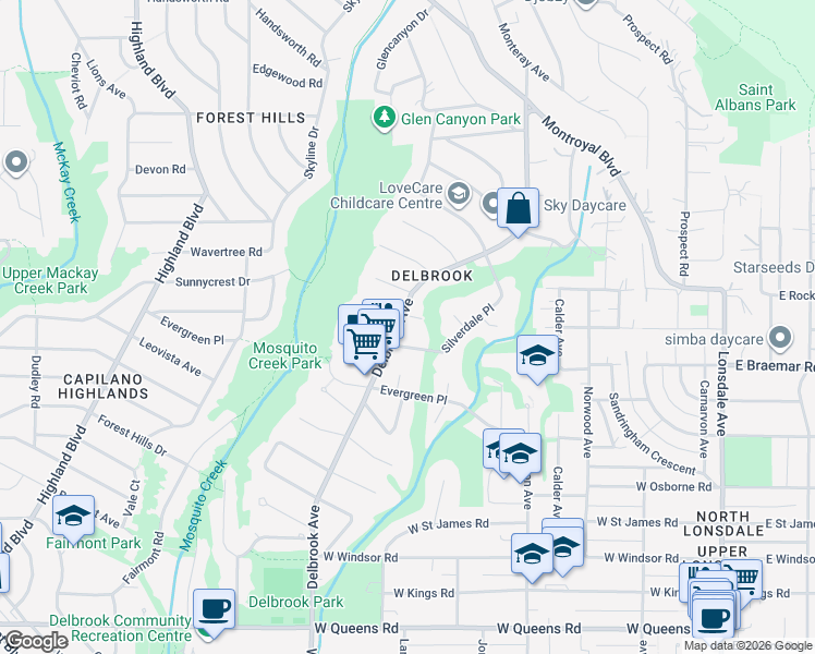 map of restaurants, bars, coffee shops, grocery stores, and more near 3788 Delbrook Avenue in North Vancouver