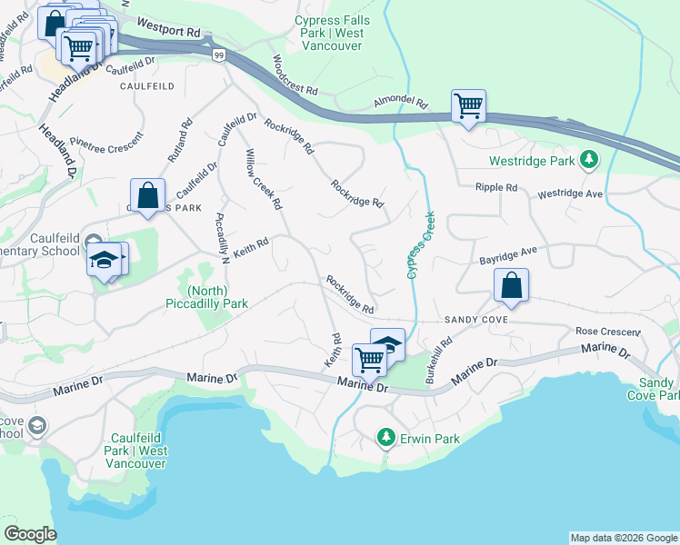 map of restaurants, bars, coffee shops, grocery stores, and more near 4391 Rockridge Road in West Vancouver