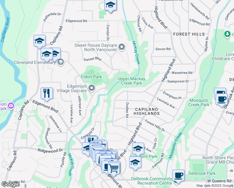 map of restaurants, bars, coffee shops, grocery stores, and more near 3837 Sunnycrest Drive in North Vancouver