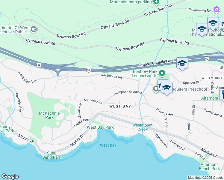 map of restaurants, bars, coffee shops, grocery stores, and more near 3370 Craigend in West Vancouver
