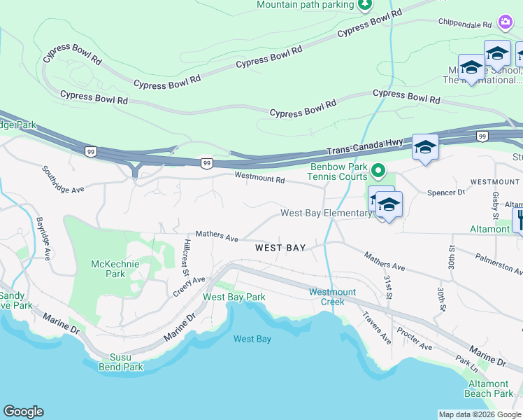 map of restaurants, bars, coffee shops, grocery stores, and more near in West Vancouver