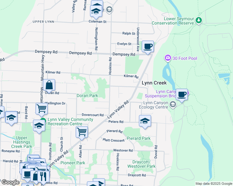 map of restaurants, bars, coffee shops, grocery stores, and more near 3857 Lawrence Place in North Vancouver