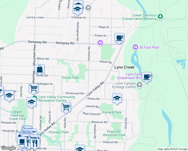 map of restaurants, bars, coffee shops, grocery stores, and more near 3857 Lawrence Place in North Vancouver