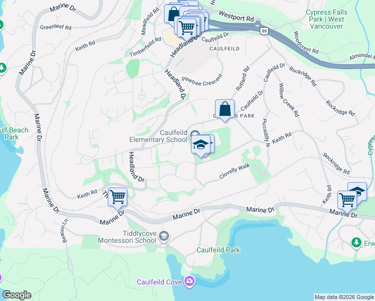 map of restaurants, bars, coffee shops, grocery stores, and more near Caulfeild Drive in West Vancouver