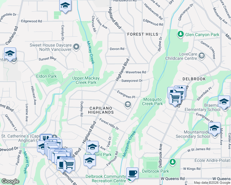 map of restaurants, bars, coffee shops, grocery stores, and more near 947 Evergreen Place in North Vancouver