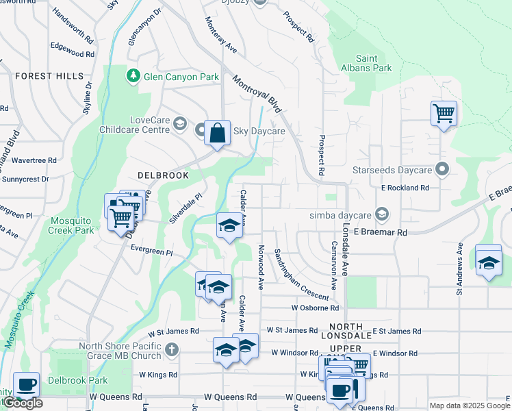 map of restaurants, bars, coffee shops, grocery stores, and more near 300 Balmoral Road West in North Vancouver
