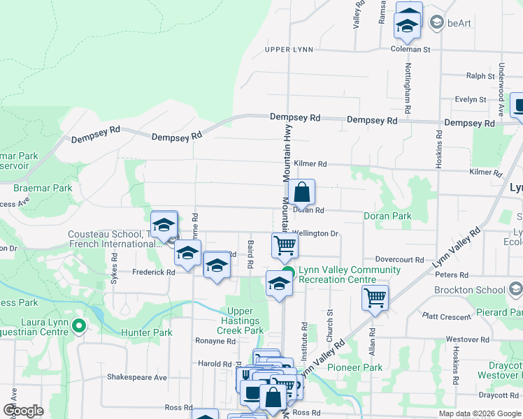 map of restaurants, bars, coffee shops, grocery stores, and more near 1249 Doran Road in North Vancouver