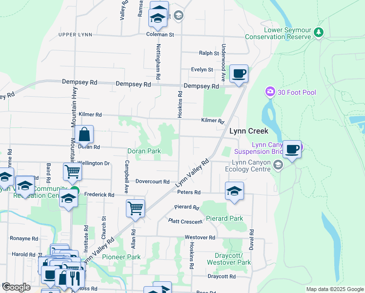map of restaurants, bars, coffee shops, grocery stores, and more near 3790 Hoskins Road in North Vancouver