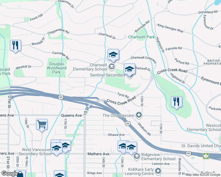 map of restaurants, bars, coffee shops, grocery stores, and more near 1375 Tyrol Road in West Vancouver