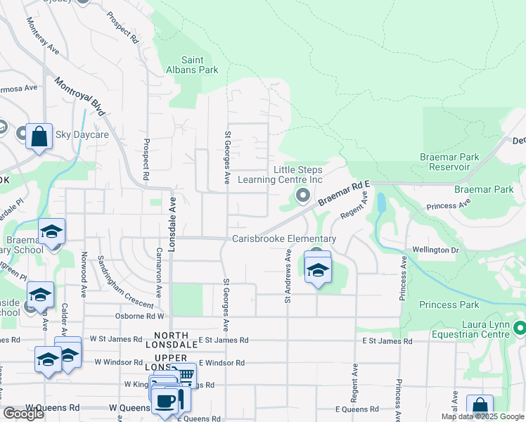 map of restaurants, bars, coffee shops, grocery stores, and more near 3801 Saint Marys Avenue in North Vancouver