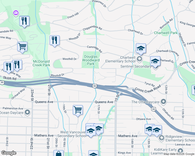 map of restaurants, bars, coffee shops, grocery stores, and more near 1598 Tyrol Place in West Vancouver