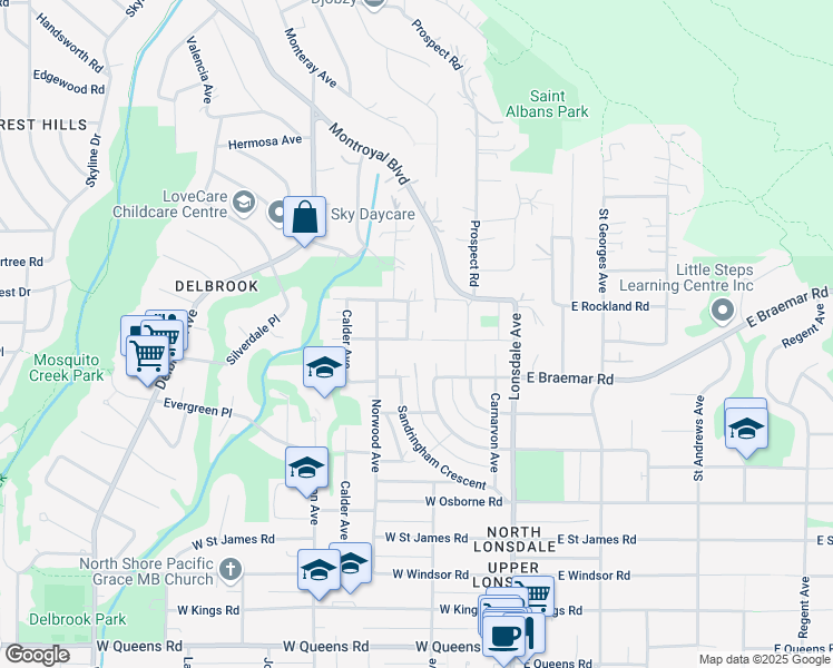 map of restaurants, bars, coffee shops, grocery stores, and more near 3812 Dalkeith Drive in North Vancouver