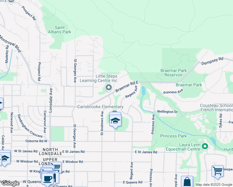 map of restaurants, bars, coffee shops, grocery stores, and more near 503 Braemar Road East in North Vancouver