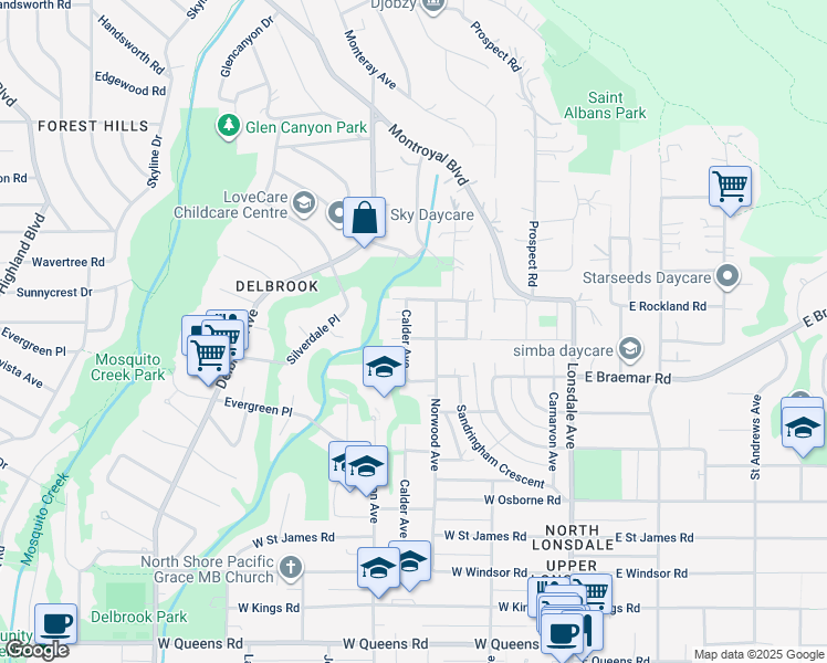 map of restaurants, bars, coffee shops, grocery stores, and more near 3820 Calder Avenue in North Vancouver