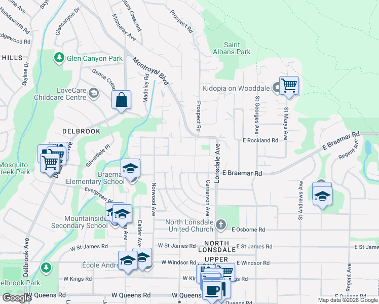 map of restaurants, bars, coffee shops, grocery stores, and more near 212 Balmoral Road West in North Vancouver