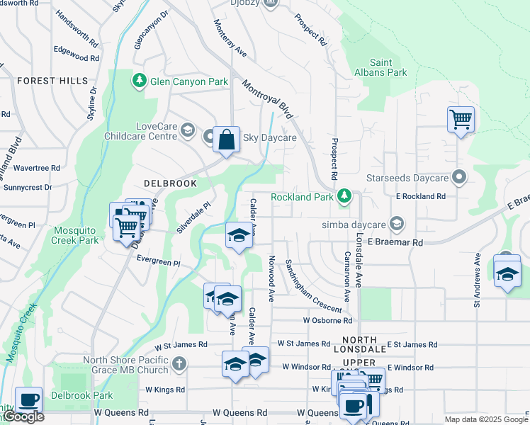 map of restaurants, bars, coffee shops, grocery stores, and more near 300 Balmoral Road West in North Vancouver