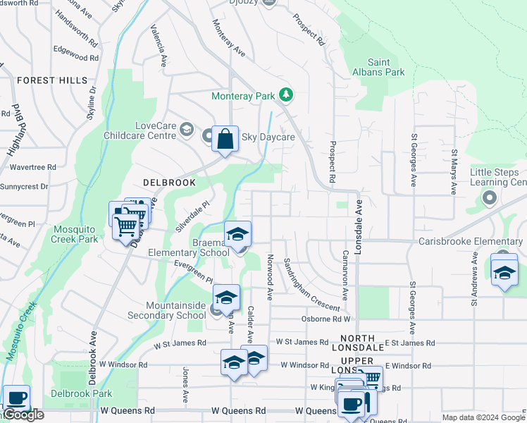 map of restaurants, bars, coffee shops, grocery stores, and more near 300 Balmoral Road West in North Vancouver