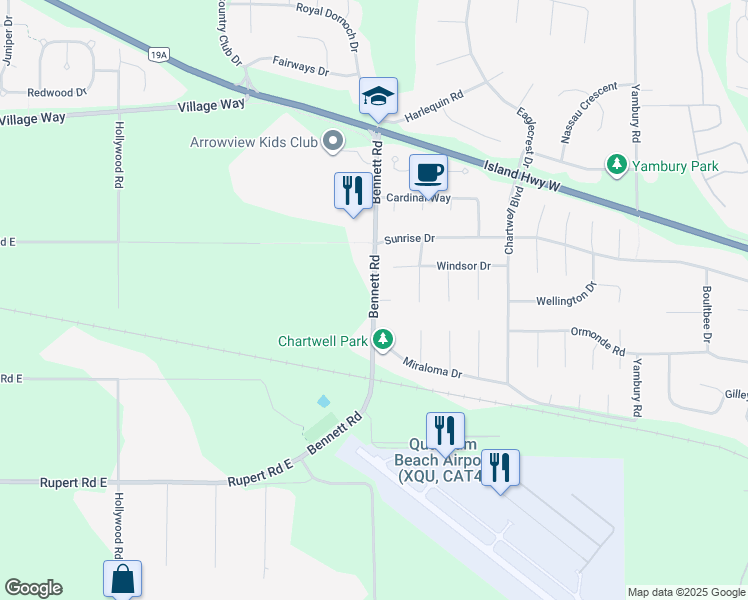 map of restaurants, bars, coffee shops, grocery stores, and more near 748 Bennett Road in Qualicum Beach