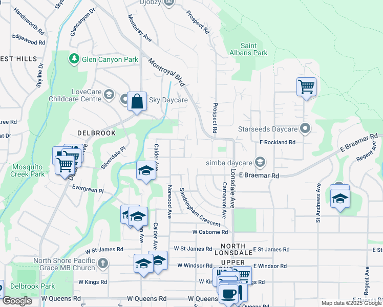 map of restaurants, bars, coffee shops, grocery stores, and more near 236 Balmoral Road West in North Vancouver