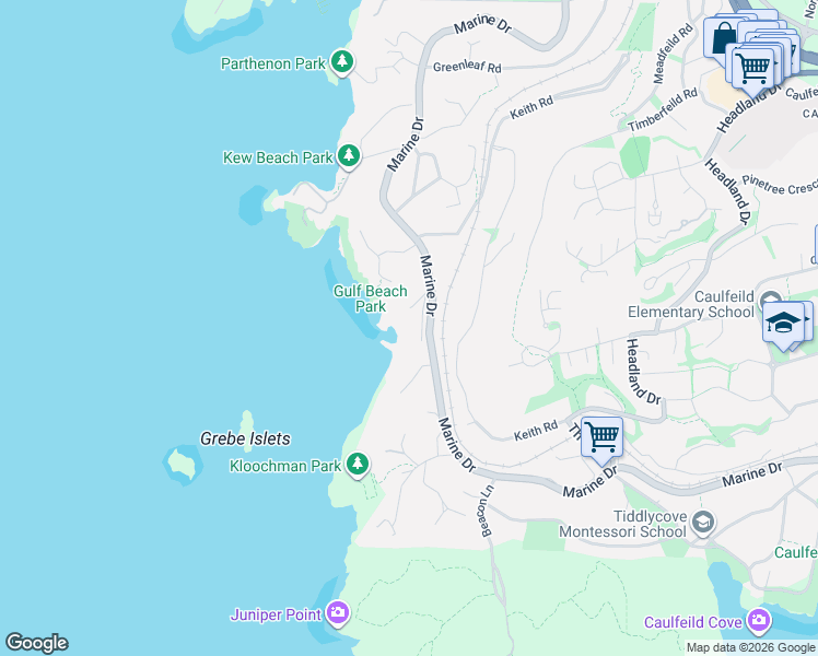 map of restaurants, bars, coffee shops, grocery stores, and more near 5210 Marine Drive in Burnaby