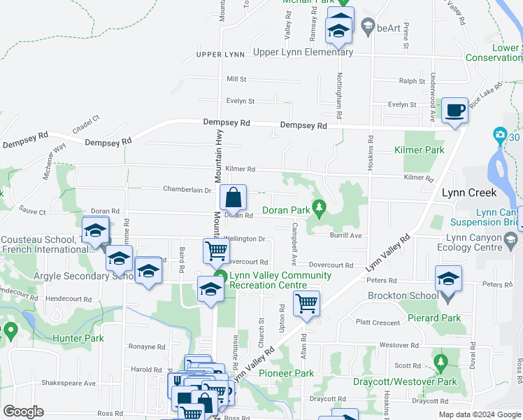 map of restaurants, bars, coffee shops, grocery stores, and more near 1380 Doran Road in North Vancouver