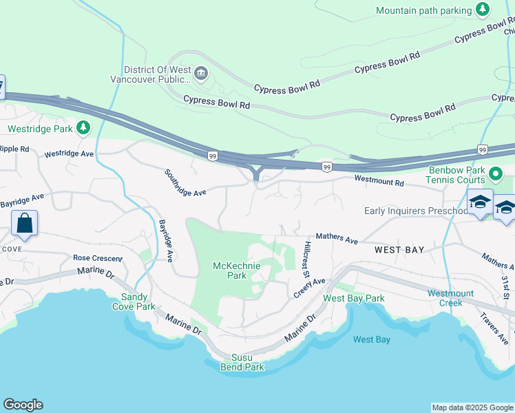 map of restaurants, bars, coffee shops, grocery stores, and more near 3706 Southridge Place in West Vancouver