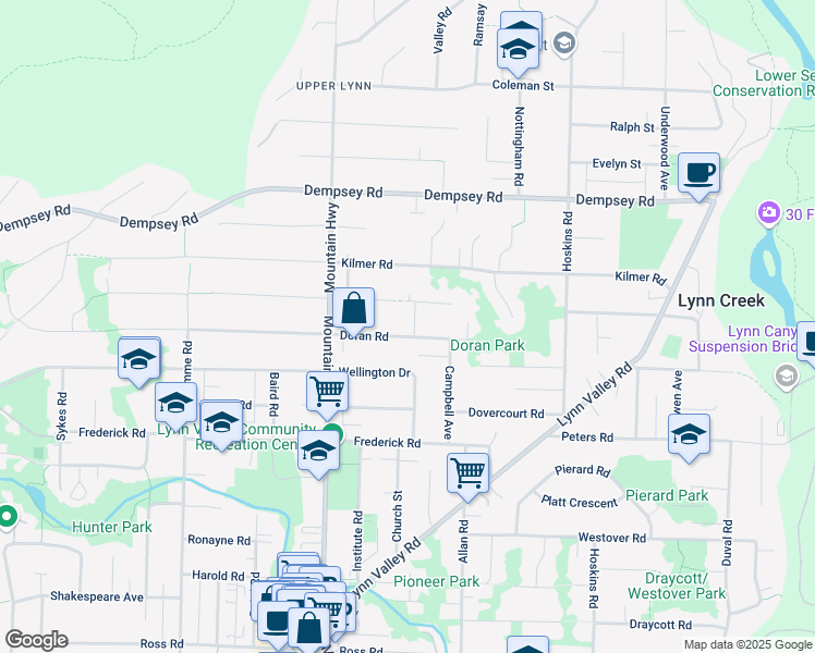 map of restaurants, bars, coffee shops, grocery stores, and more near 3821 Symonds Road in North Vancouver