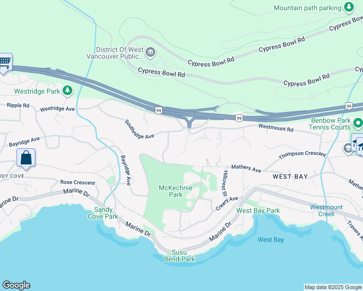 map of restaurants, bars, coffee shops, grocery stores, and more near 3722 Southridge Place in West Vancouver