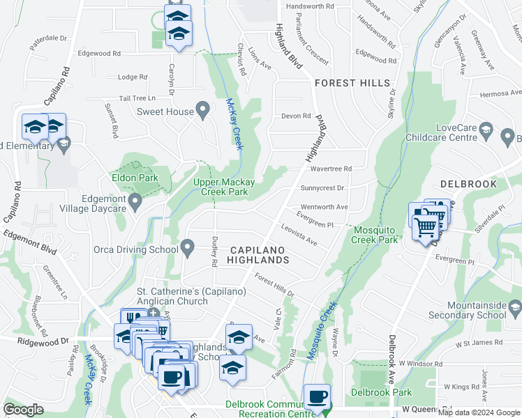 map of restaurants, bars, coffee shops, grocery stores, and more near 3961 Sunnycrest Drive in North Vancouver