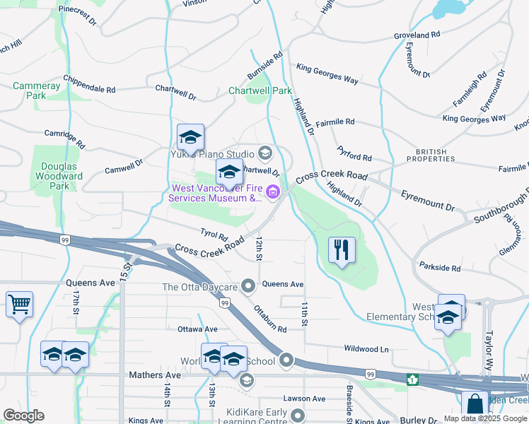 map of restaurants, bars, coffee shops, grocery stores, and more near 985 Cross Creek Road in West Vancouver