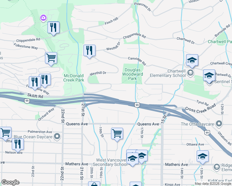 map of restaurants, bars, coffee shops, grocery stores, and more near 2138 Westhill Place in West Vancouver