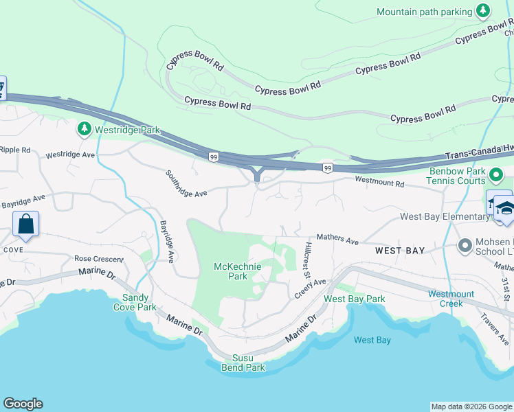 map of restaurants, bars, coffee shops, grocery stores, and more near 3706 Southridge Place in West Vancouver