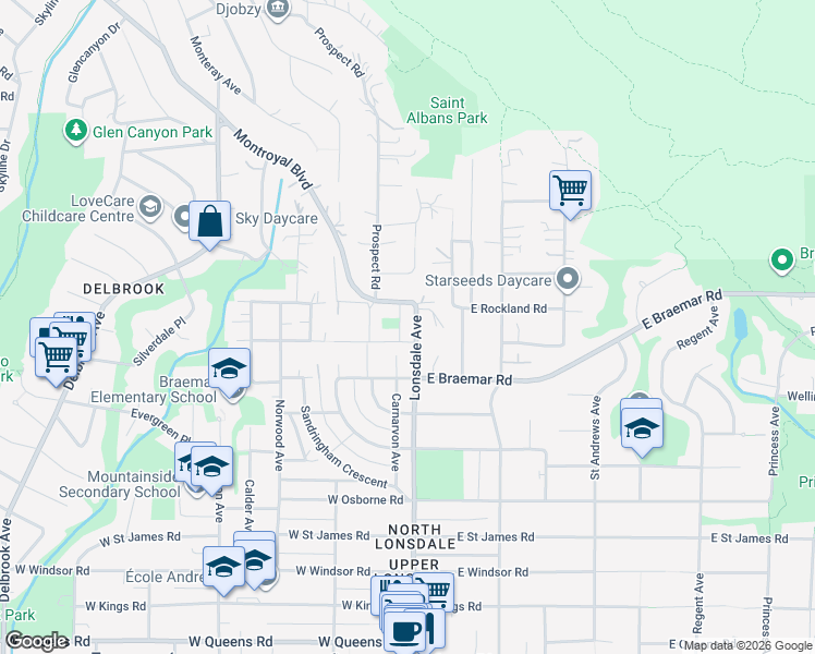 map of restaurants, bars, coffee shops, grocery stores, and more near 3841 Lonsdale Avenue in North Vancouver