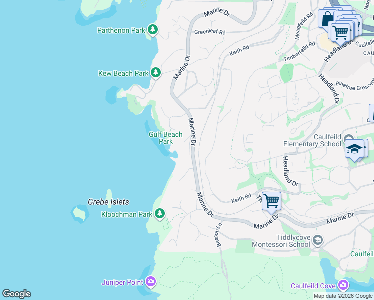 map of restaurants, bars, coffee shops, grocery stores, and more near 5210 Marine Drive in West Vancouver