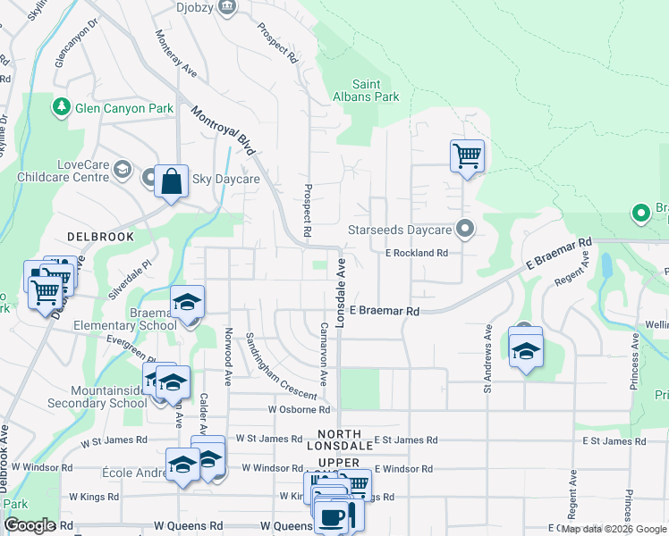 map of restaurants, bars, coffee shops, grocery stores, and more near 3841 Lonsdale Avenue in North Vancouver