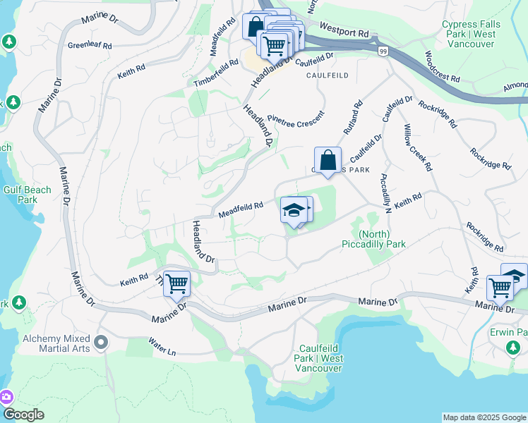 map of restaurants, bars, coffee shops, grocery stores, and more near 4710 Meadfeild Road in West Vancouver