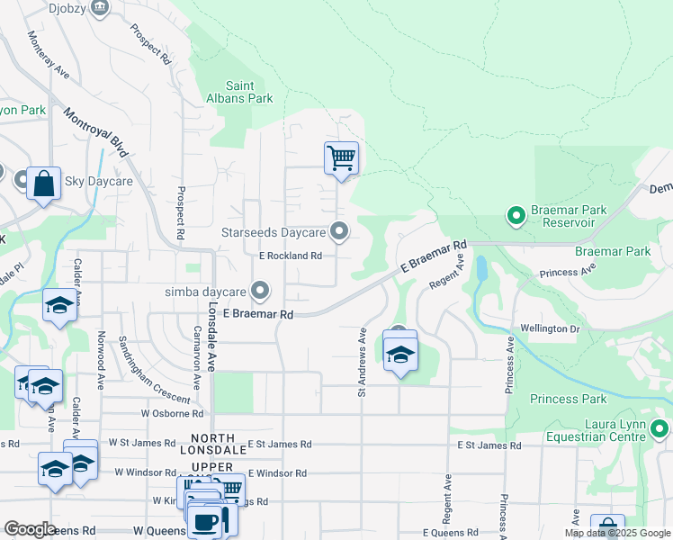 map of restaurants, bars, coffee shops, grocery stores, and more near 3850 St Marys Ave in North Vancouver