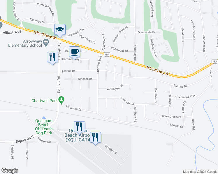 map of restaurants, bars, coffee shops, grocery stores, and more near 1133 Wellington Drive in Qualicum Beach