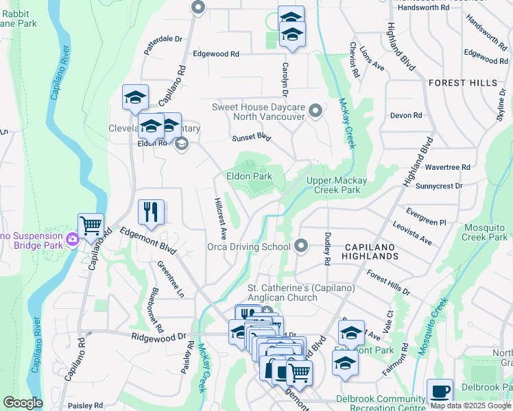 map of restaurants, bars, coffee shops, grocery stores, and more near 3929 Sunset Boulevard in North Vancouver