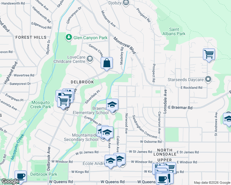 map of restaurants, bars, coffee shops, grocery stores, and more near 3849 Calder Avenue in North Vancouver