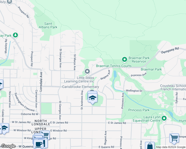 map of restaurants, bars, coffee shops, grocery stores, and more near 503 Braemar Road East in North Vancouver