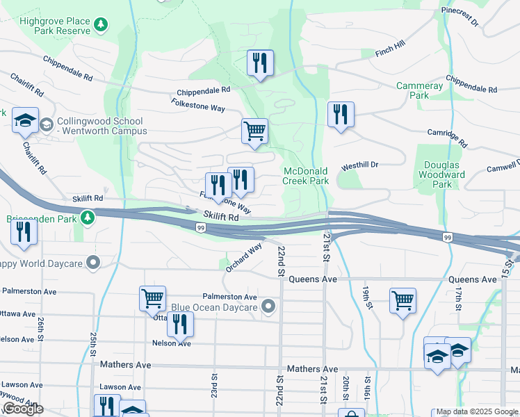map of restaurants, bars, coffee shops, grocery stores, and more near 2202 Folkestone Way in West Vancouver