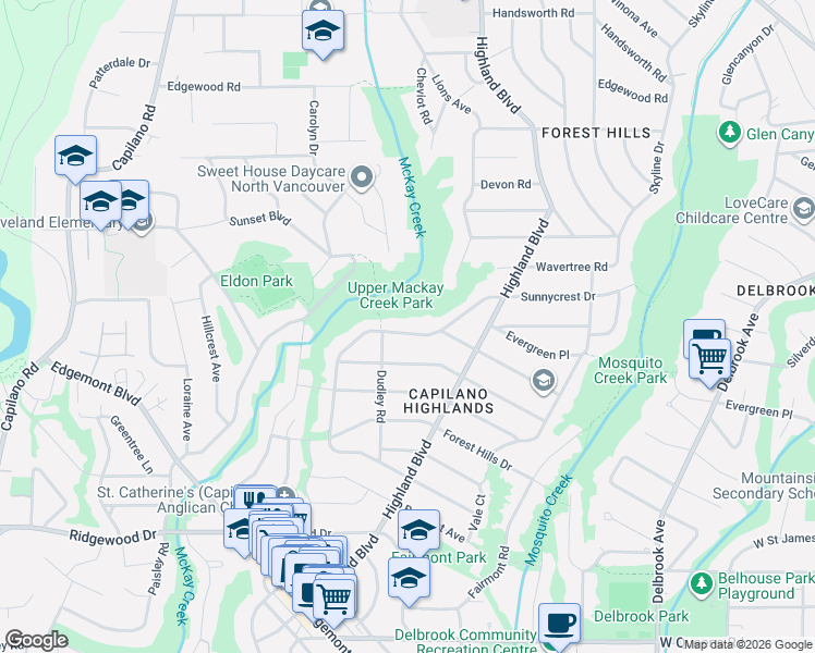 map of restaurants, bars, coffee shops, grocery stores, and more near 3922 Sunnycrest Drive in North Vancouver