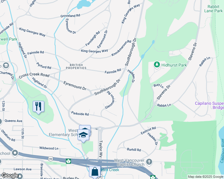 map of restaurants, bars, coffee shops, grocery stores, and more near 650 Southborough Drive in West Vancouver