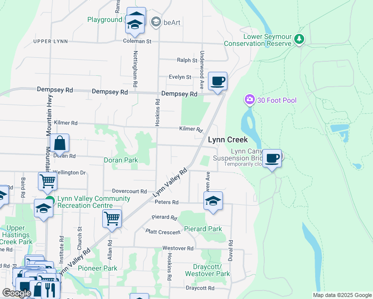 map of restaurants, bars, coffee shops, grocery stores, and more near 3836 Lynn Valley Road in North Vancouver